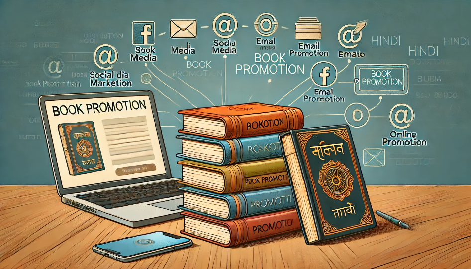 A collection of Hindi books on a wooden table with a laptop and smartphone displaying book promotion websites, alongside social media icons and email symbols.