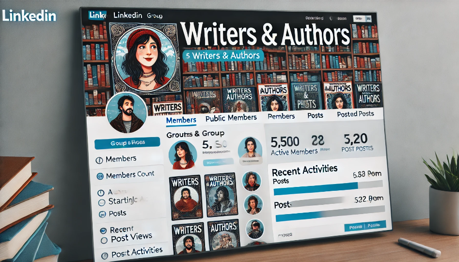 Wide image of a LinkedIn group page for &quot;Writers &amp; Authors&quot; featuring a group banner with book covers, a profile picture of the group owner, and group statistics including members count, active members, new members, posts, and post views.