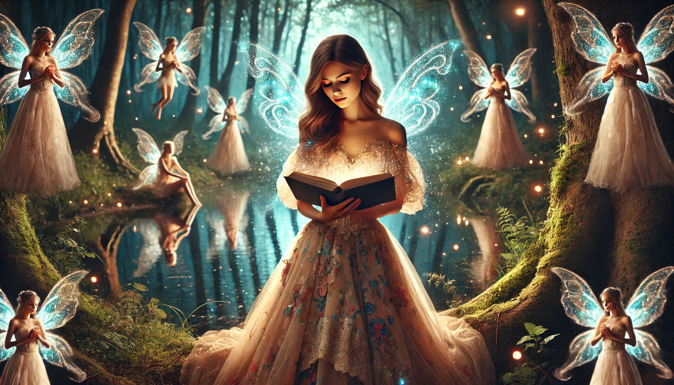 A young woman named Elara in a flowing dress reading a glowing book by a serene lake in an enchanted forest, surrounded by ethereal fairies with sparkling wings.