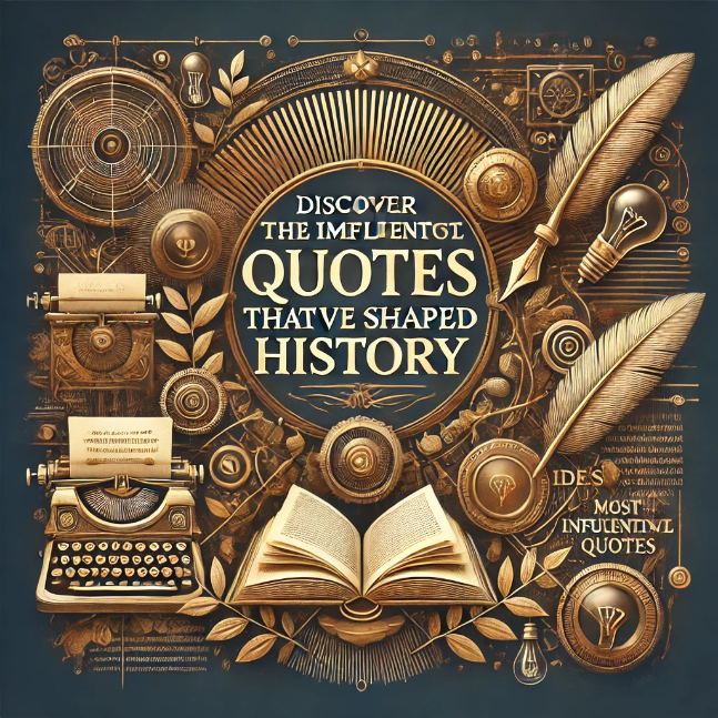 An elegant and artistic design featuring the title &quot;Discover the Most Influential Quotes That Have Shaped History.&quot; The background is a blend of classic and modern elements, with books, quills, and digital screens