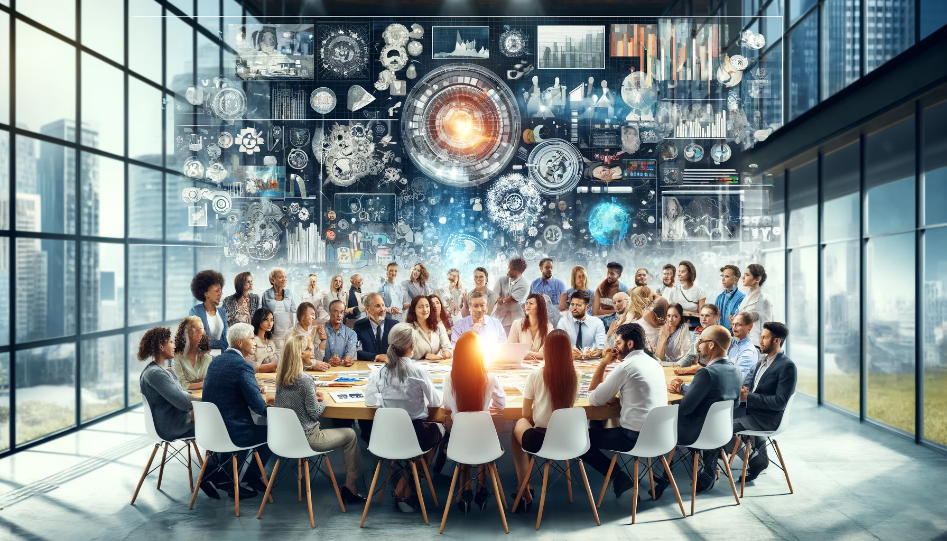 A diverse group of people discussing visual storytelling with charts and digital screens in a modern office setting.