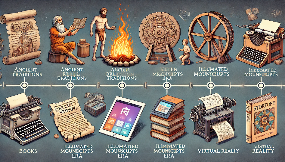 A historical timeline depicting the evolution of storytelling, including a storyteller by a fire, clay tablets, illuminated manuscripts, a printing press, books, and digital devices.