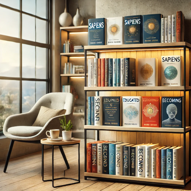 A collection of non-fiction books on a stylish bookshelf in a cozy reading nook with natural light.