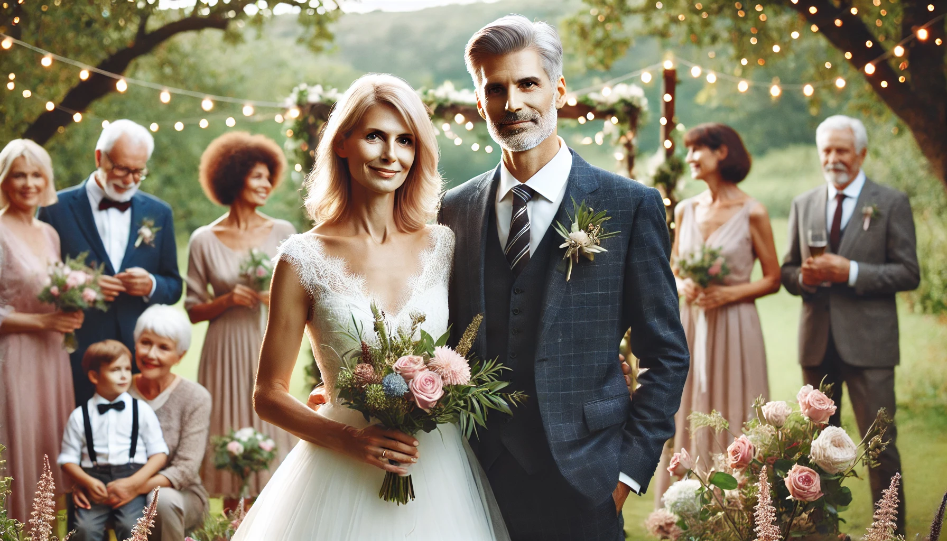 Middle-aged couple getting married in a beautiful garden setting with family and friends.