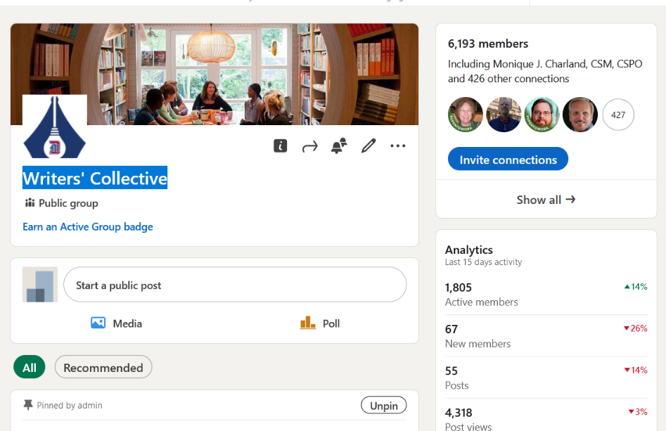 Screenshot of the Writers' Collective LinkedIn group with 6,193 members. The cover photo shows people in a cozy, book-filled room. The group name "Writers' Collective" is displayed, along with group activity stats.