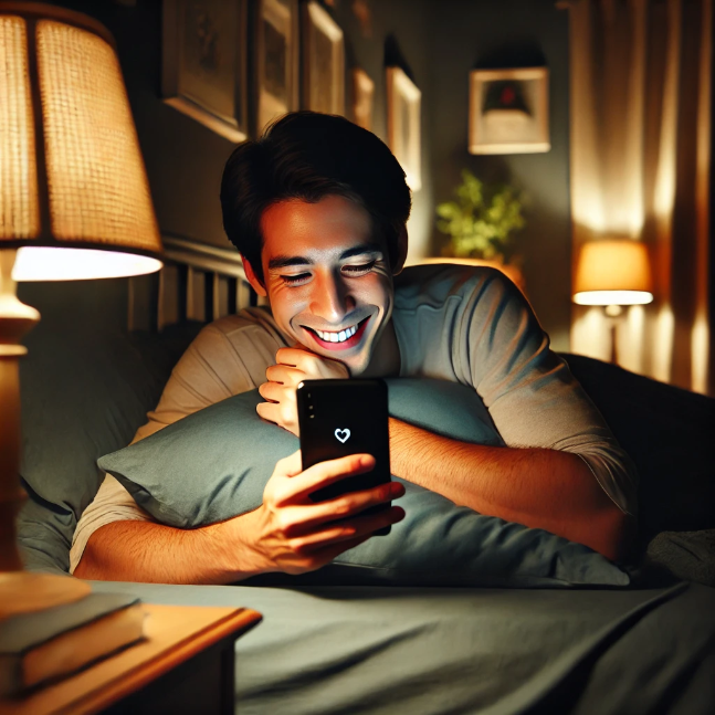 A person lying in bed, smiling at their phone, reading a good night message in a dimly lit, cozy room with a nightstand holding a lamp and a book.