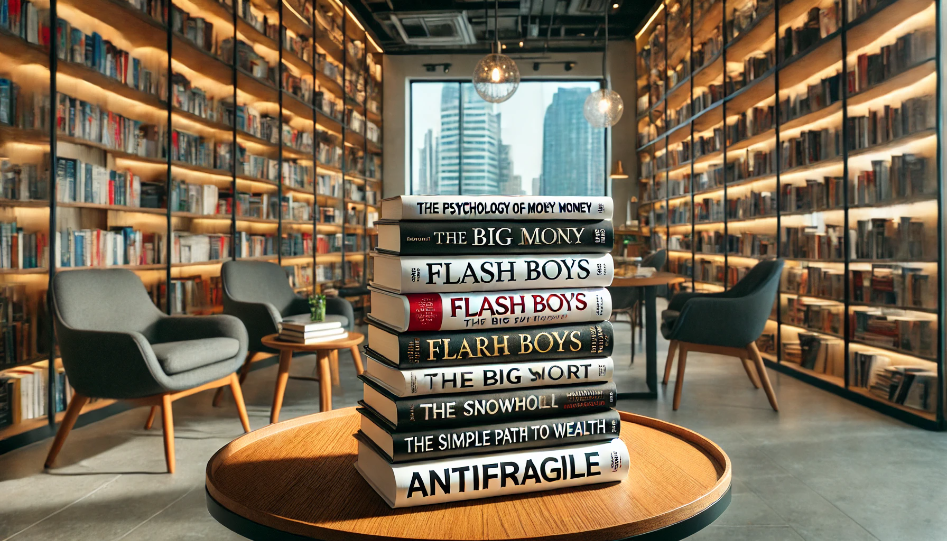 Stack of top finance business books in a modern library setting with a wooden table, tall bookshelves, a reading chair, and natural light.