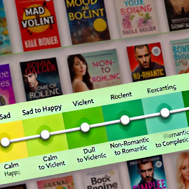 A vibrant digital interface of a book promotion website featuring mood and emotion sliders with various book covers and genres in the background.