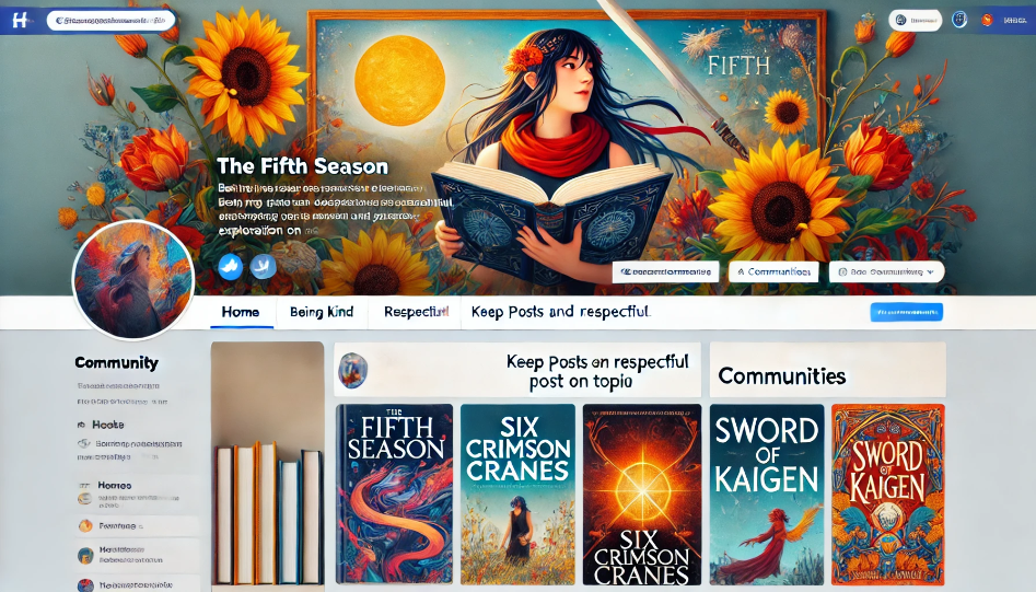 Book promotion community page with colorful book covers and sunflowers. Rules: be kind, stay on topic, explore and share. Sidebar: Home, Explore, Notifications, Messages, Communities.