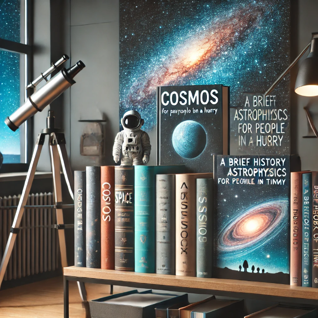 A collection of books on space and the cosmos on a stylish bookshelf in a cozy reading nook with a telescope and a starry night sky view.