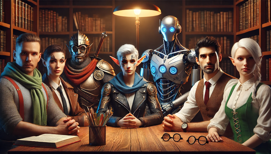 A diverse group of fictional characters in a library setting, each with distinct features and expressions.