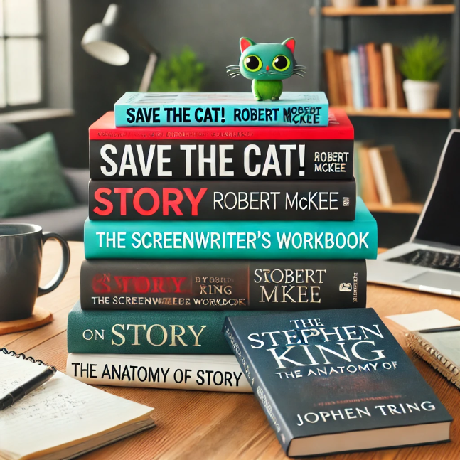 A stack of popular screenwriting books on a wooden table in a cozy writer's room with a laptop, coffee mug, and notes.