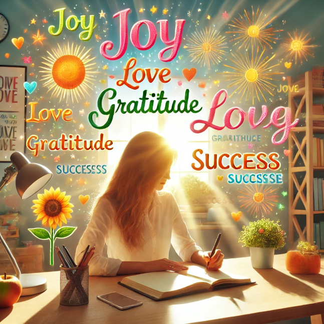 A person sitting at a desk with a journal, surrounded by floating positive words like "joy," "love," "gratitude," and "success," in a bright, cheerful room with sunlight streaming through a window.