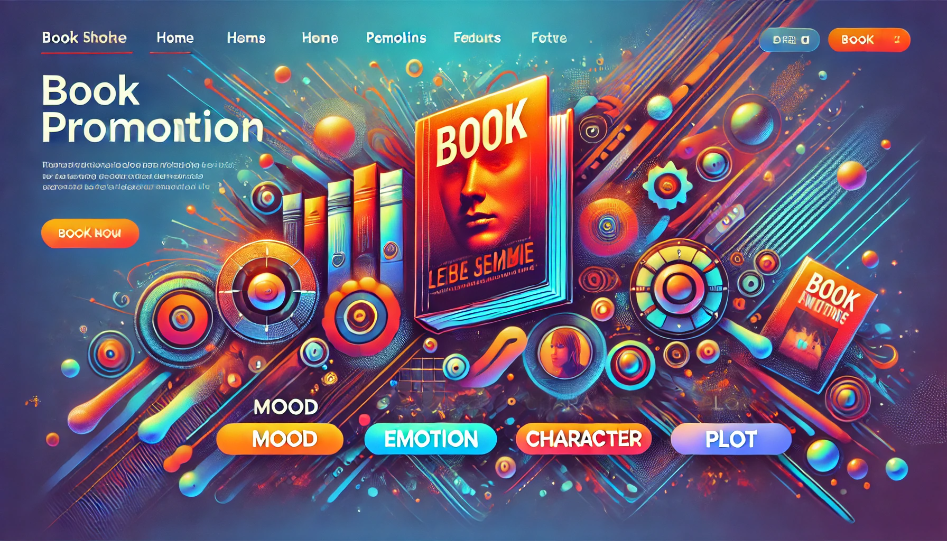 A vibrant, modern website interface showcasing book promotion features. The interface includes interactive mood emotion sliders and character plot sliders, as well as book listings prominently displayed.