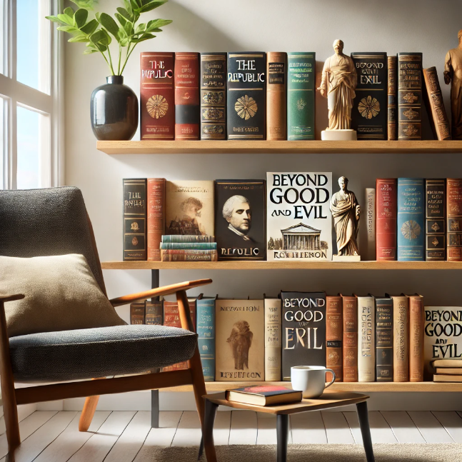 A collection of classic philosophy books on a stylish bookshelf in a cozy reading nook with natural light.