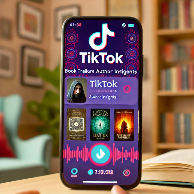 A vibrant TikTok interface on a smartphone displaying book trailers, author insights, and reading excerpts, with a cozy reading corner in the background.