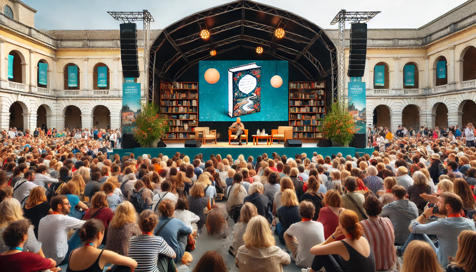 An author speaking at a literary festival, with a large audience in an outdoor setting. The stage is decorated with banners and the author's book covers.