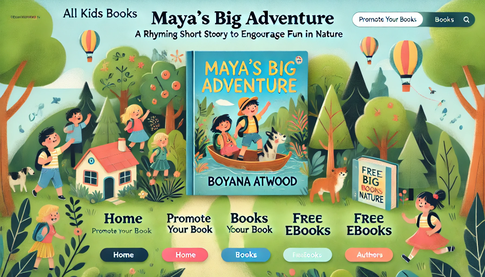 Engaging website homepage for All Kids Books featuring a colorful layout with &#039;Maya&#039;s Big Adventure: A Rhyming Short Story for Children to Encourage Fun in Nature&#039; by Boyana Atwood