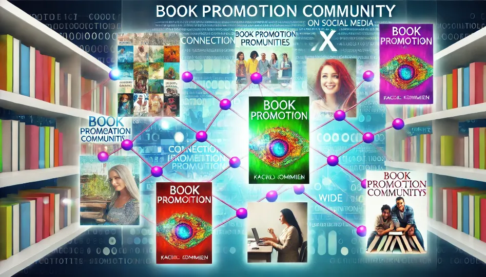 Vibrant wide image of book promotion communities on X. Depicts diverse book covers, authors interacting with readers, and a social media-like digital interface. Highlights connection, engagement, and promotion in a colorful, inviting atmosphere.