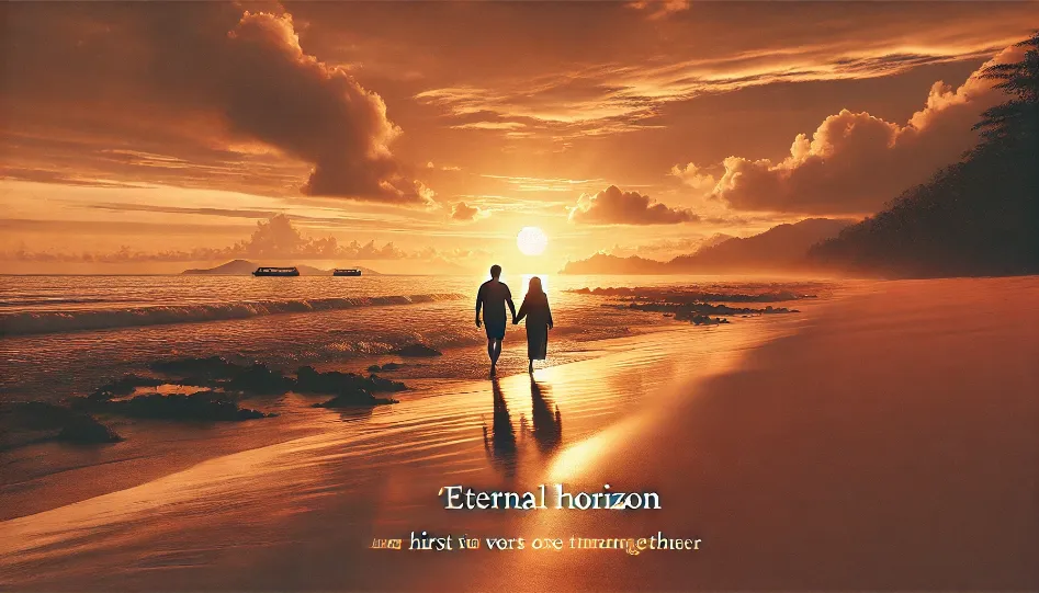 A couple walking hand in hand along a golden beach at sunset, with the sky painted in shades of orange and pink. The scene is peaceful and romantic, capturing the essence of the first verse of the love song &amp;quot;Eternal Horizon,