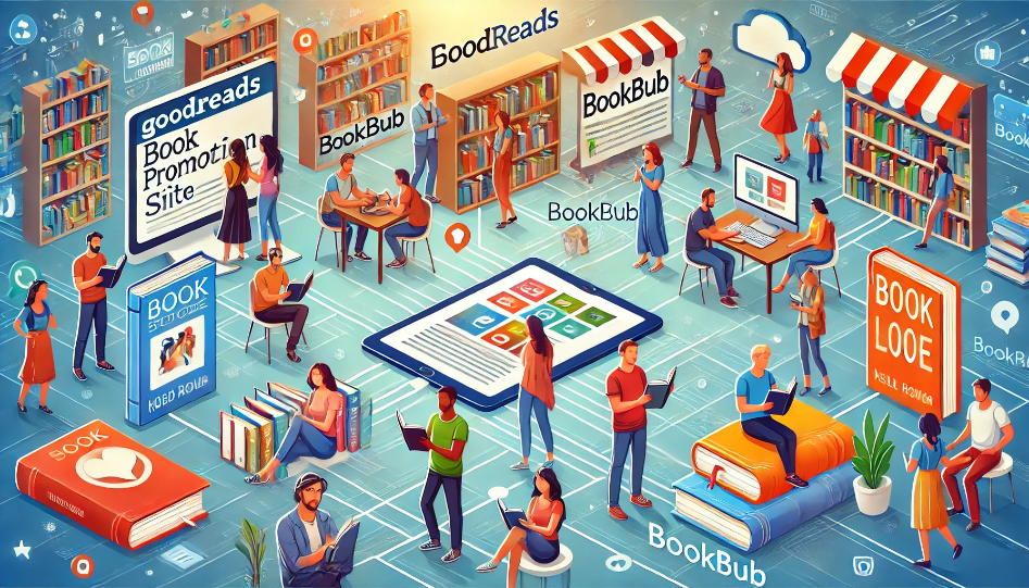 A vibrant scene depicting a diverse group of authors and readers connecting online through various book promotion websites. The image includes elements representing sites like Goodreads and BookBub