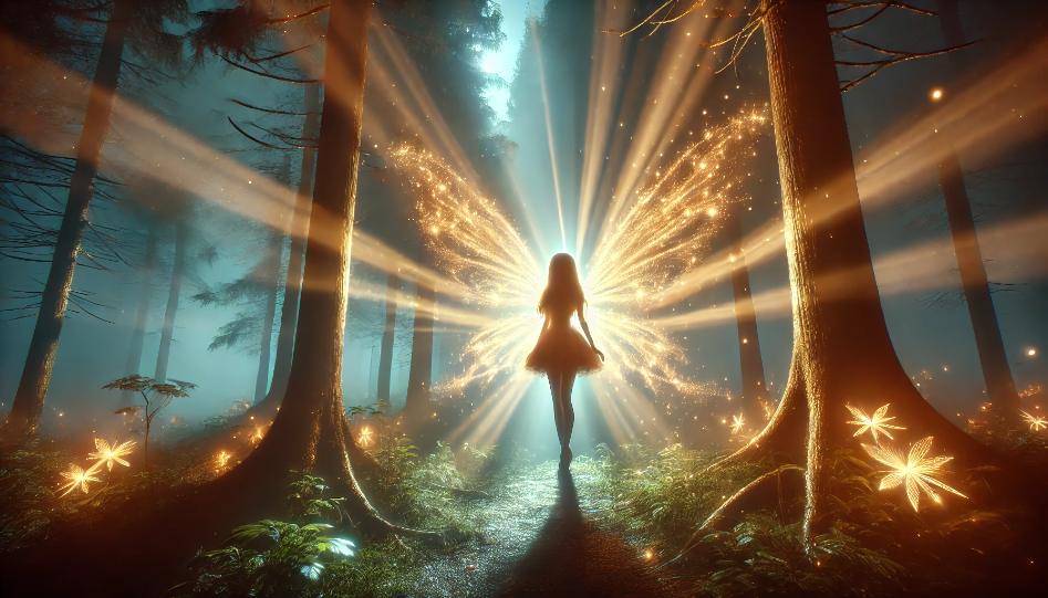 Fairy of light glowing in a dark, mystical forest with beams of sunshine breaking through.