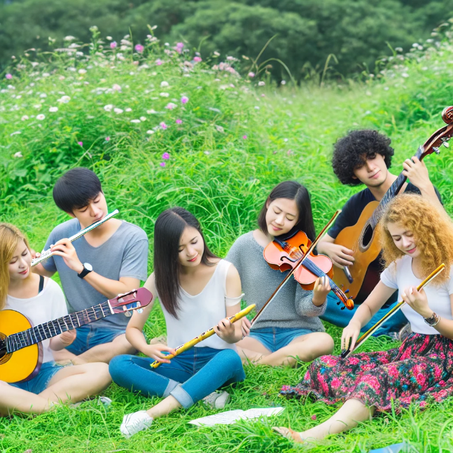 Friends playing musical instruments in a meadow, symbolizing a symphony of friendship.