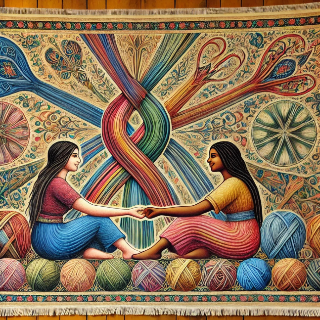 Two friends sitting in front of a colorful tapestry, symbolizing friendship as strong and resilient threads.