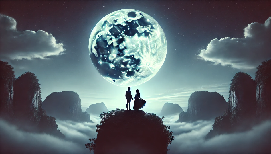 A couple standing together under a silver moon in a serene night sky. The scene is romantic and tranquil, capturing the essence of the song &amp;quot;Moonlit Serenade&amp;quot; and symbolizing the enchanting and timeless nature of love.