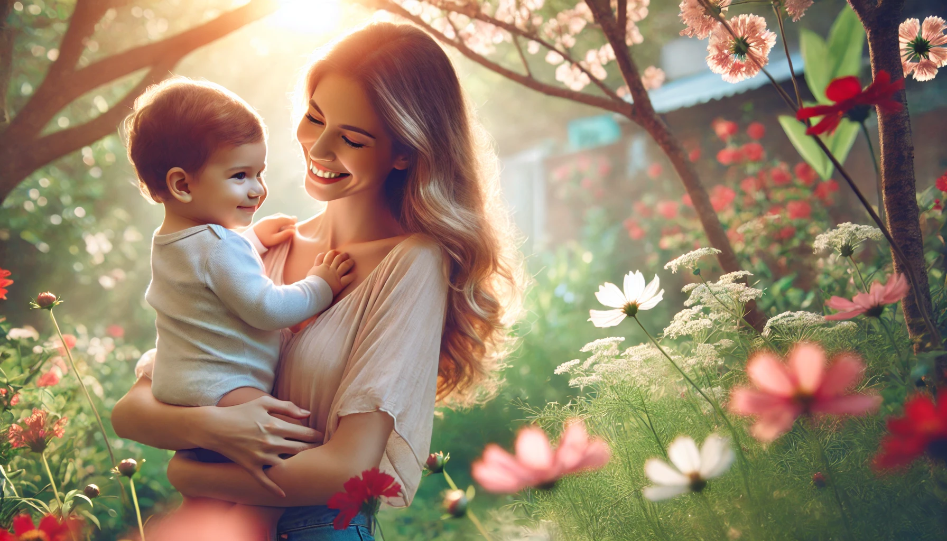 A loving mother holding her child in a serene garden, surrounded by blooming flowers and soft sunlight. The mother is smiling warmly, and the child is looking up at her with adoration, symbolizing the unconditional love between them.