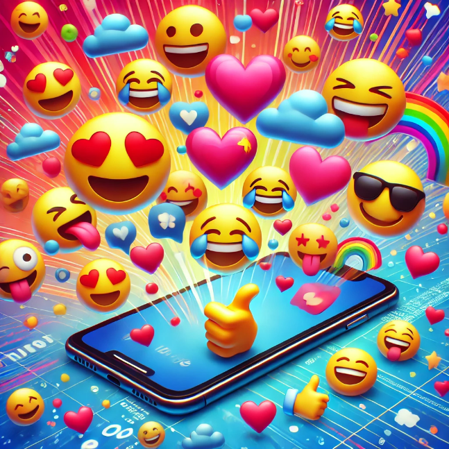 A colorful scene with various emojis such as smiling faces, hearts, thumbs up, and laughing faces floating around a smartphone, highlighting the connection between emotions and digital communication.