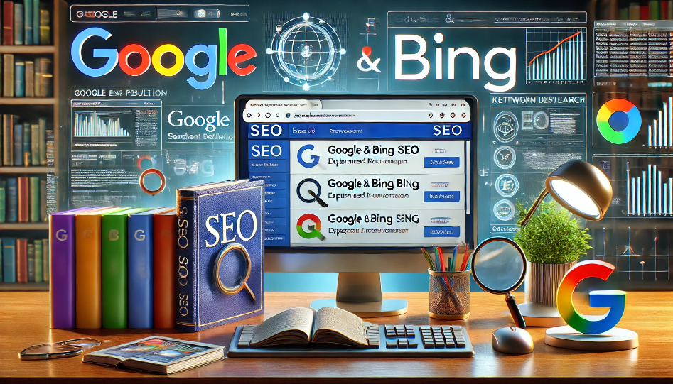 A digital workspace with Google and Bing SEO elements. A computer screen shows search engine results with optimized book listings. Surrounding are Google and Bing logos, keyword tools, and SEO performance charts.