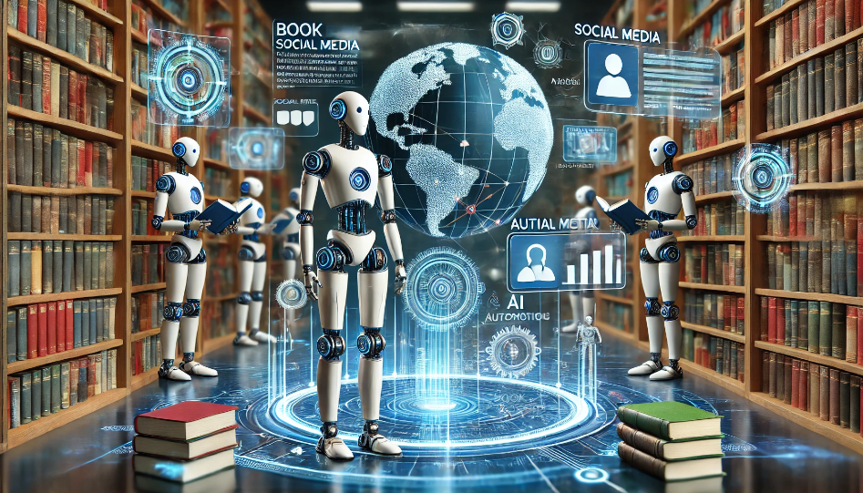 A futuristic scene of automated book promotion featuring robots and AI systems managing social media, analyzing data, and interacting with readers in a high-tech environment with bookshelves and digital screens.