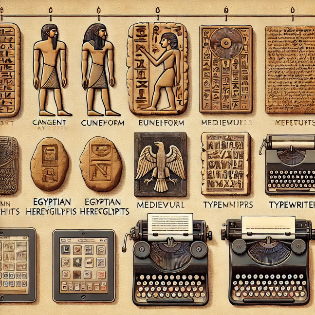 Evolution of the written word from ancient clay tablets to modern digital devices.