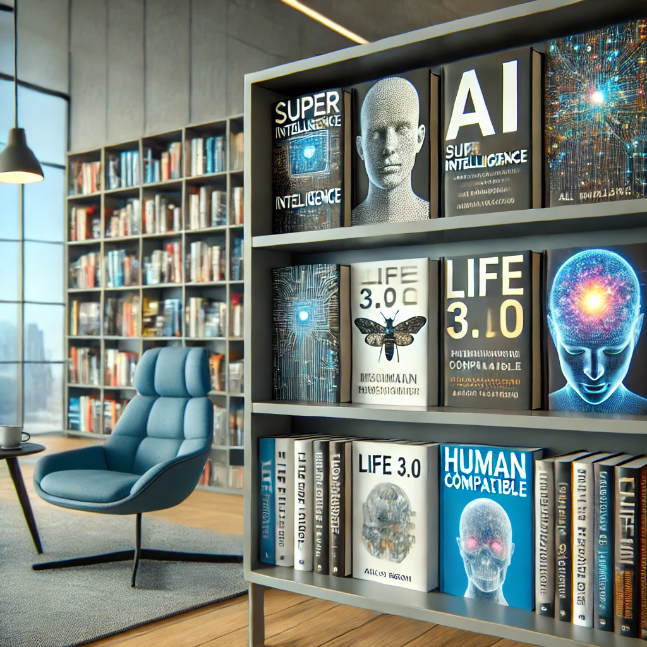 A collection of AI and technology books on a modern bookshelf in a sleek reading nook with natural light.