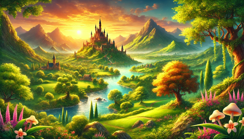 A lush fantasy landscape with green hills, a river, and a distant castle at sunset.