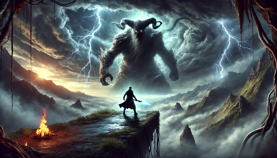 Hero and antagonist face off on a cliff edge under a stormy sky with lightning, in a dramatic climactic confrontation.