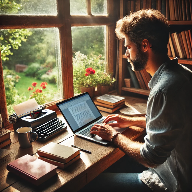 An author at a wooden desk by a window, typing on a laptop with books and a coffee mug. Sunlight streams in, and a blooming garden is visible outside.