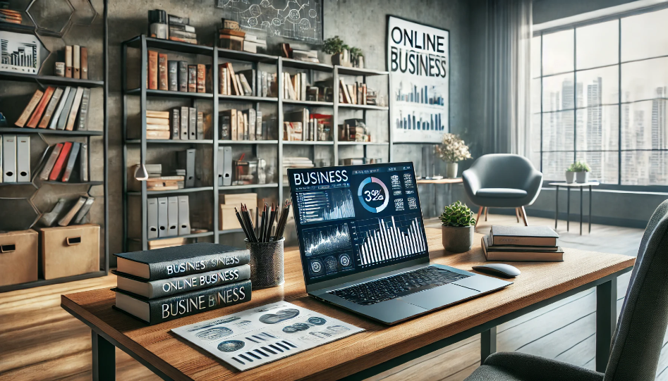 Modern home office with a laptop, business books, a bookshelf, and motivational posters.