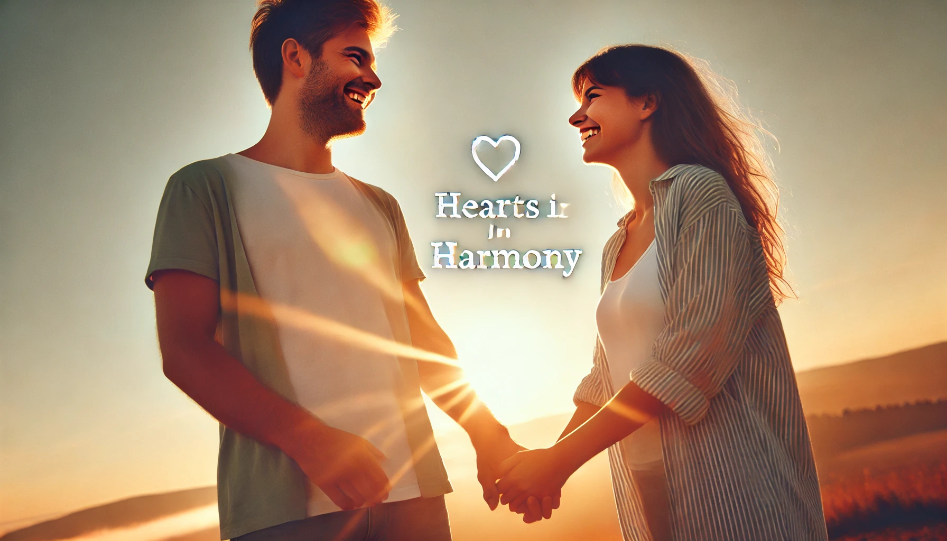 Couple standing together in a bright morning light, with a clear sky and the sun rising behind them. They are holding hands and smiling, capturing the joy and energy of the song "Hearts in Harmony" and symbolizing the vibrant and uplifting