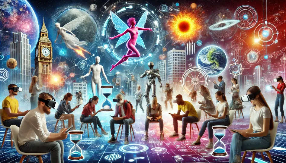 A futuristic scene with diverse individuals using virtual reality headsets, augmented reality glasses, and holographic displays for storytelling. The background features digital landscapes, celestial beings, sentient shadows, and time portals.