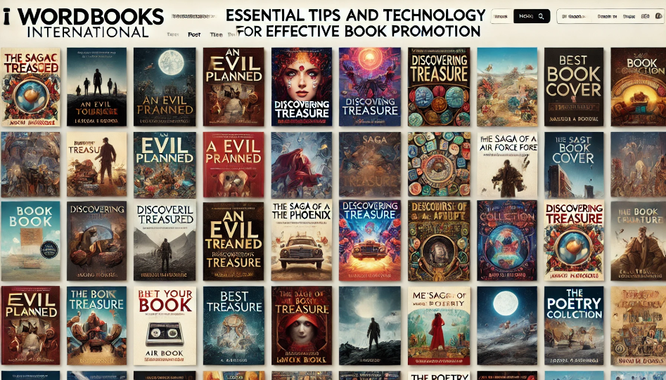 A wide collage of book covers displayed on the iWordBooks International website, with the title "Essential Tips and Technology for Effective Book Promotion" at the top.