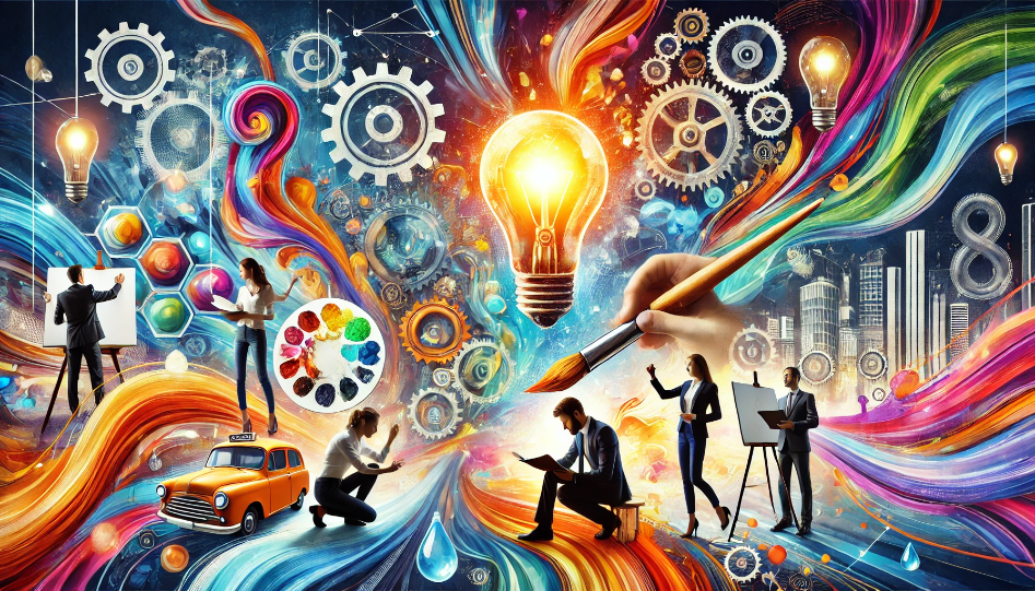 A dynamic scene showing creativity in various forms: a person painting, another writing, a scientist experimenting, and a business professional brainstorming, with abstract elements like flowing colors, lightbulbs, and gears in the background.