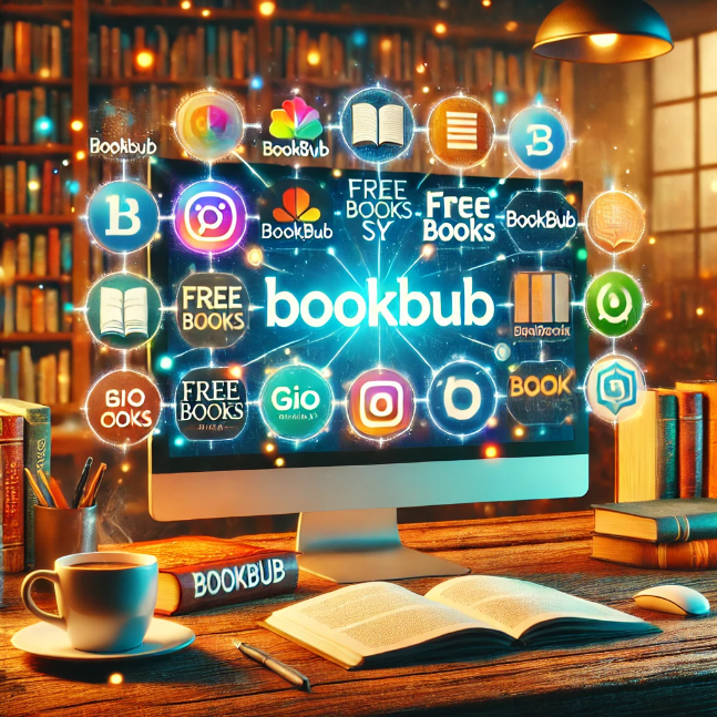 Computer screen displaying logos of popular book promotion sites with bookshelves, a coffee cup, and a notepad in the background.