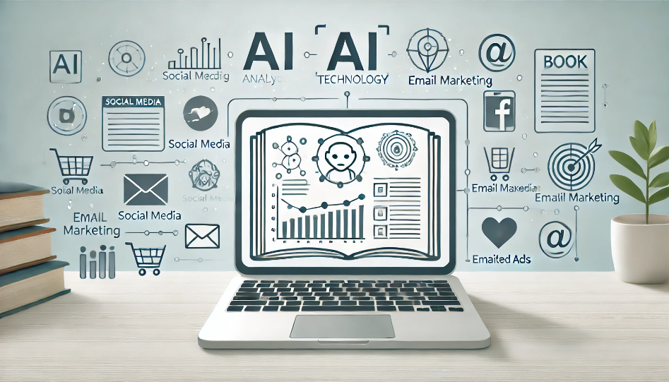 A simple, clean illustration of AI technology used in book promotion, showing a laptop with AI analytics and data charts, surrounded by icons for social media