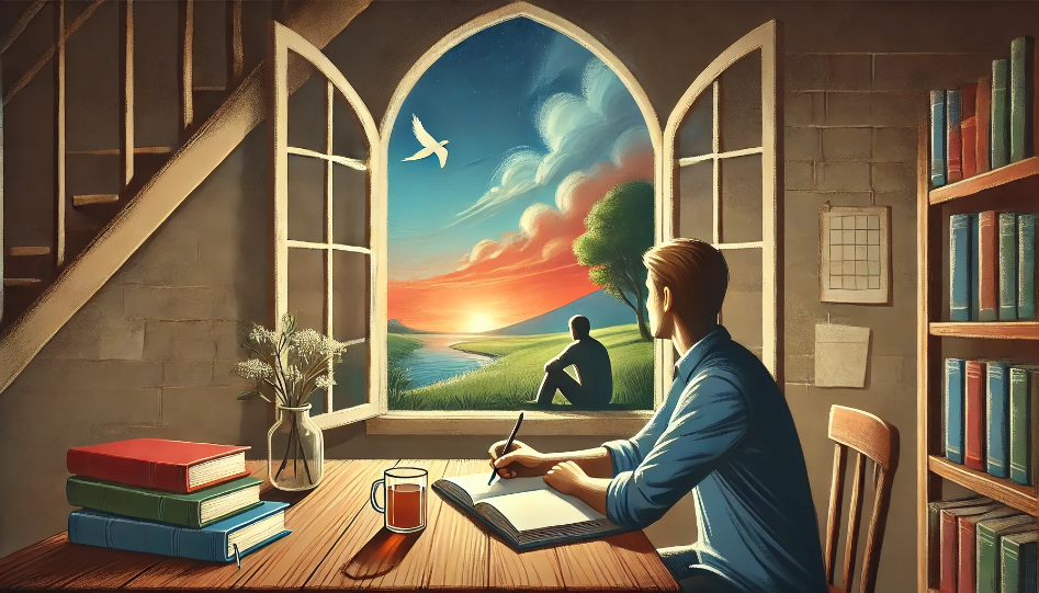 A person sitting at a desk by a window, writing in a journal. Outside the window, there is a serene landscape with a beautiful sunset. The person looks contemplative, surrounded by a few books