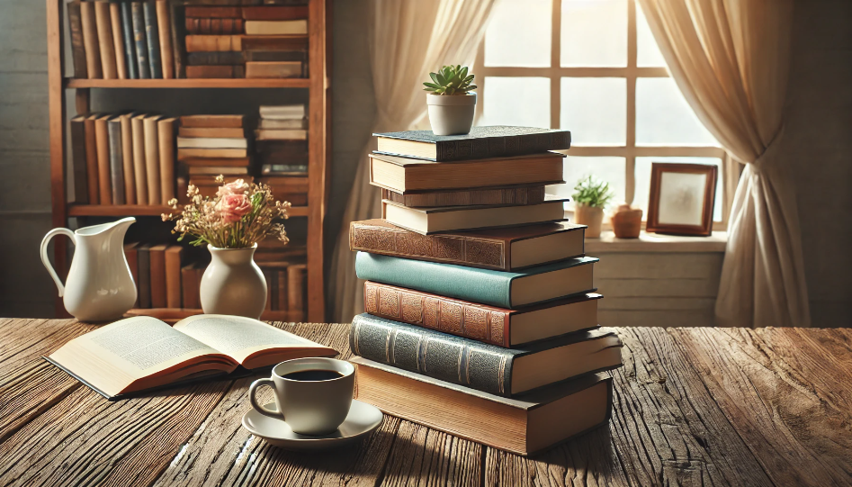 A stack of books on a wooden table with a cozy background. There's a cup of coffee next to the stack, and a window with sunlight streaming in.