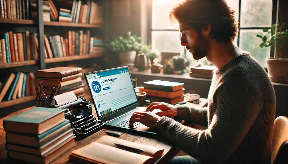 A writer at a desk with a laptop open, displaying a LinkedIn profile, surrounded by books and papers in a cozy, well-lit room with a bookshelf and natural light streaming in.