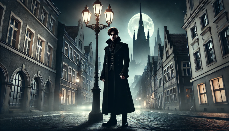 A mysterious vampire stands under a dimly lit streetlamp in a modern urban setting, with a mix of Gothic and contemporary architecture under a full moon.