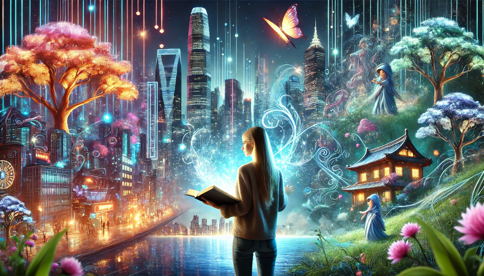 A young woman in a futuristic city holds a glowing book, with magical realms like an enchanted forest and a mystical lake appearing around her.